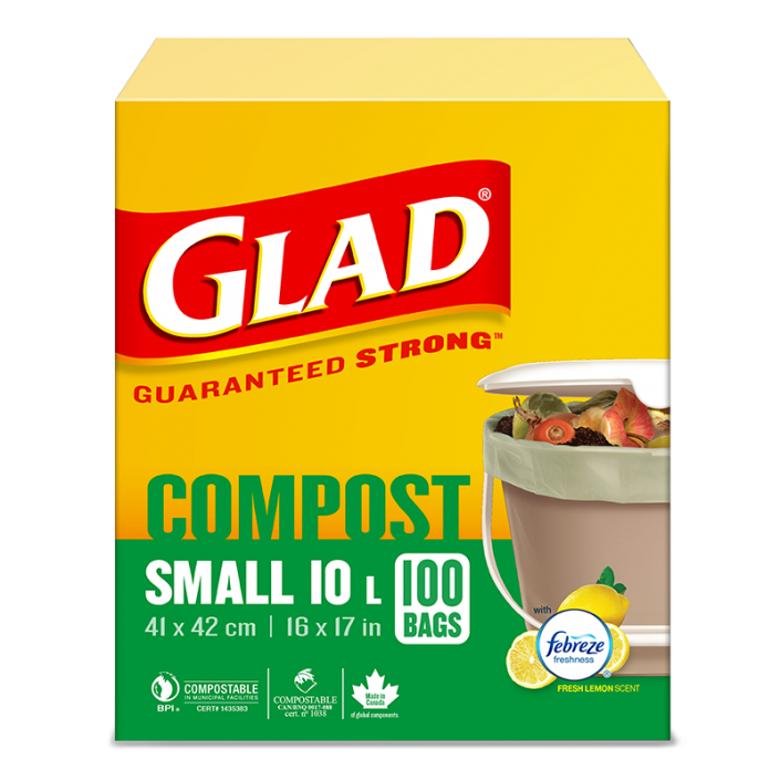Glad® 100% Compostable Bags – Small 10 Litres, Lemon Scent, 100 Compost Bags