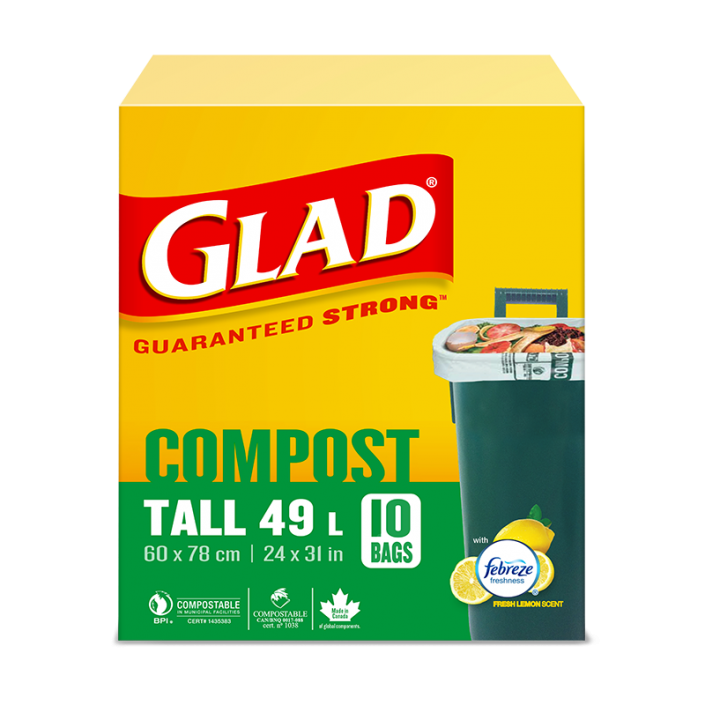 Glad® 100% Compostable Bags – Tall 49 Litres, Lemon Scent, 10 Compost Bags