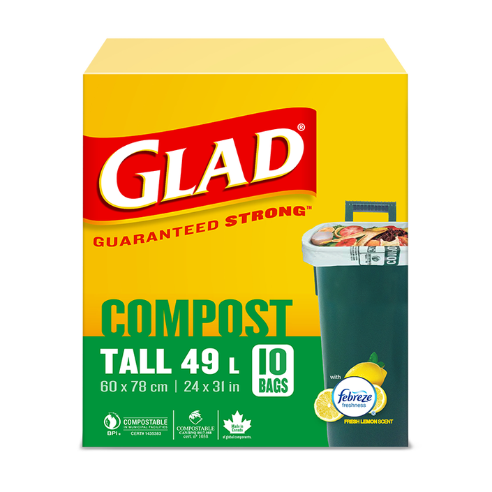 Glad® 100% Compostable Bags – Tall 49 Litres, Lemon Scent, 10 Compost Bags