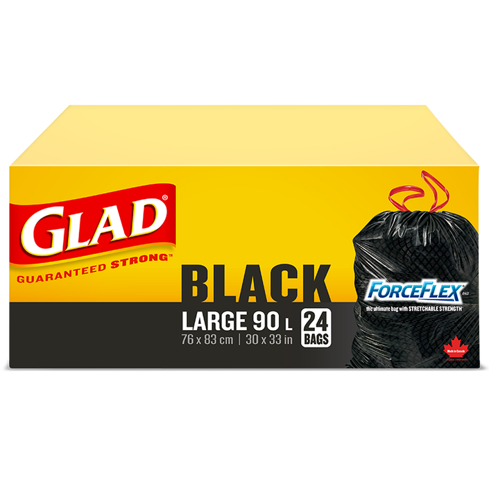 Glad® Black Garbage Bags, Large 90 Litres, ForceFlex, Drawstring, 24 Trash Bags