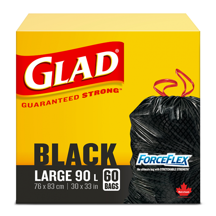 Glad® Black Garbage Bags, Large 90 Litres, ForceFlex, Drawstring, 60 Trash Bags