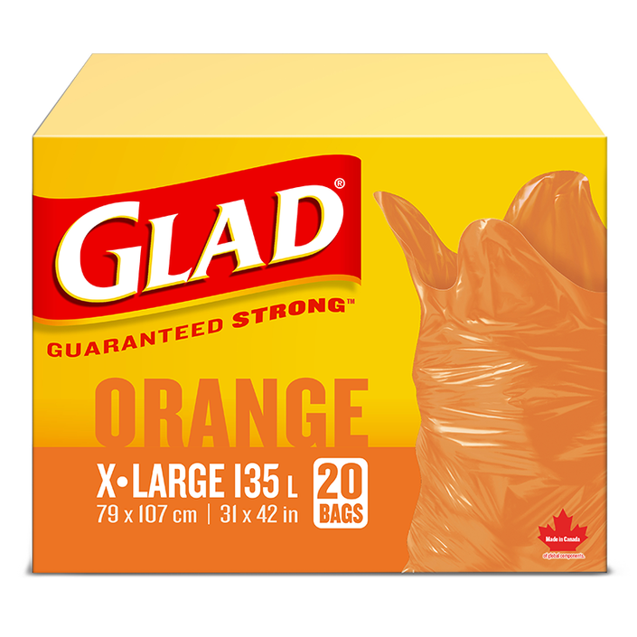 Glad® Orange Garbage Bags – Extra-Large 135 Litres, 20 Trash Bags