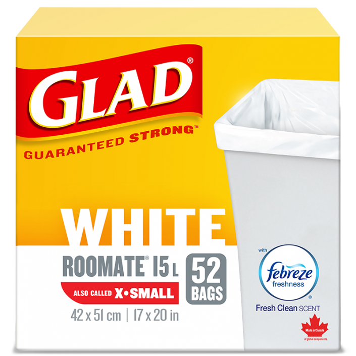 Glad® White Garbage Bags, X-Small 15 Litres, Febreze Fresh Clean Scent, 52 trash bags