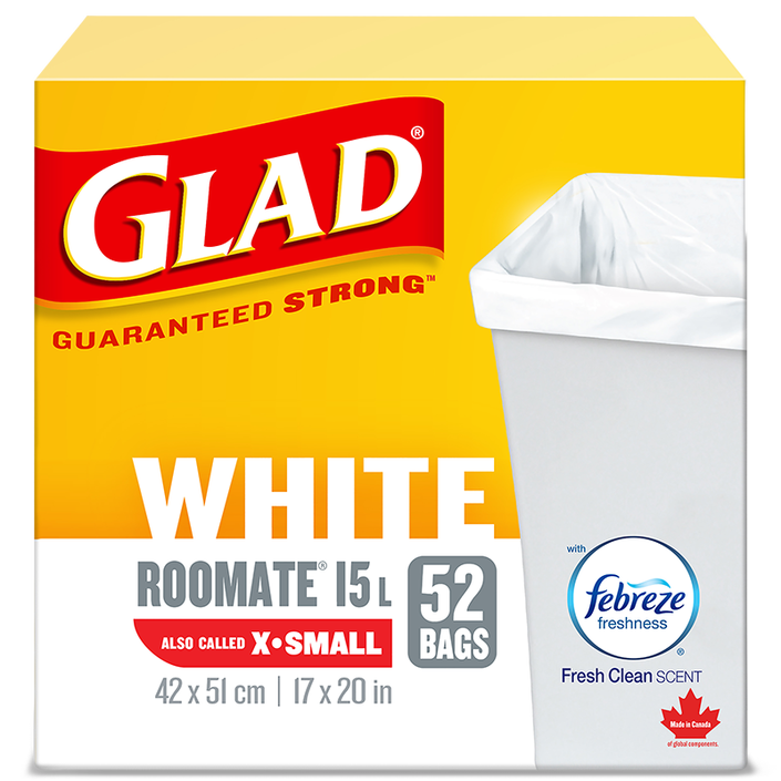 Glad® White Garbage Bags, X-Small 15 Litres, Febreze Fresh Clean