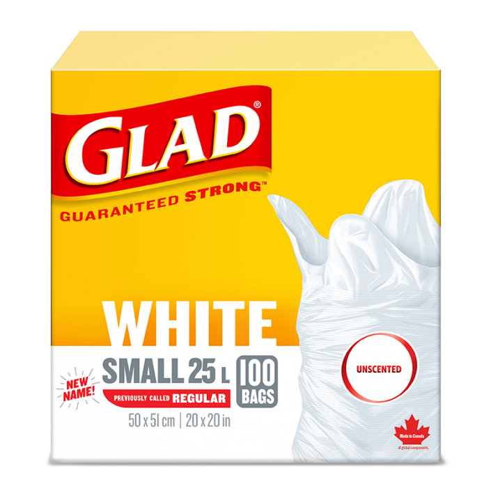 Glad® White Garbage Bags, Small 25 Litres, Unscented, 100 trash bags