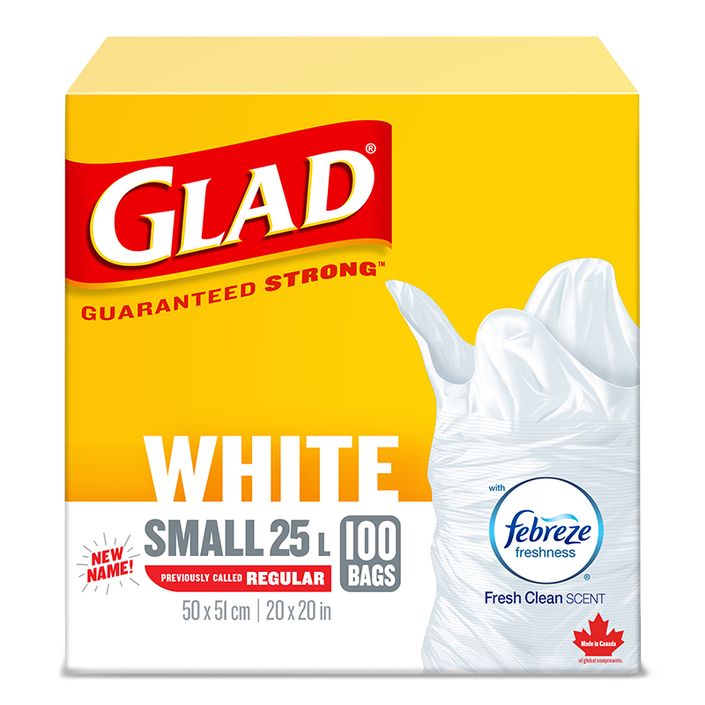 Glad® White Garbage Bags, Small, 25 Litres, Febreze Fresh Clean Scent, 100 trash bags