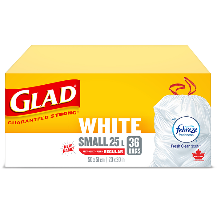 Glad® White Garbage Bags, Small, 25 Litres, Febreze Fresh Clean Scent ...