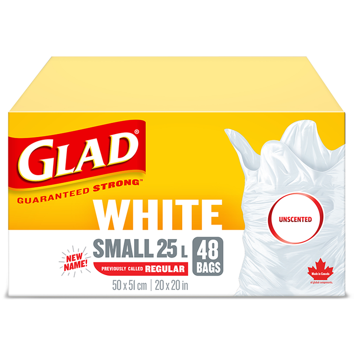 Glad® White Garbage Bags, Small, 25 Litres, Unscented, 48 trash bags