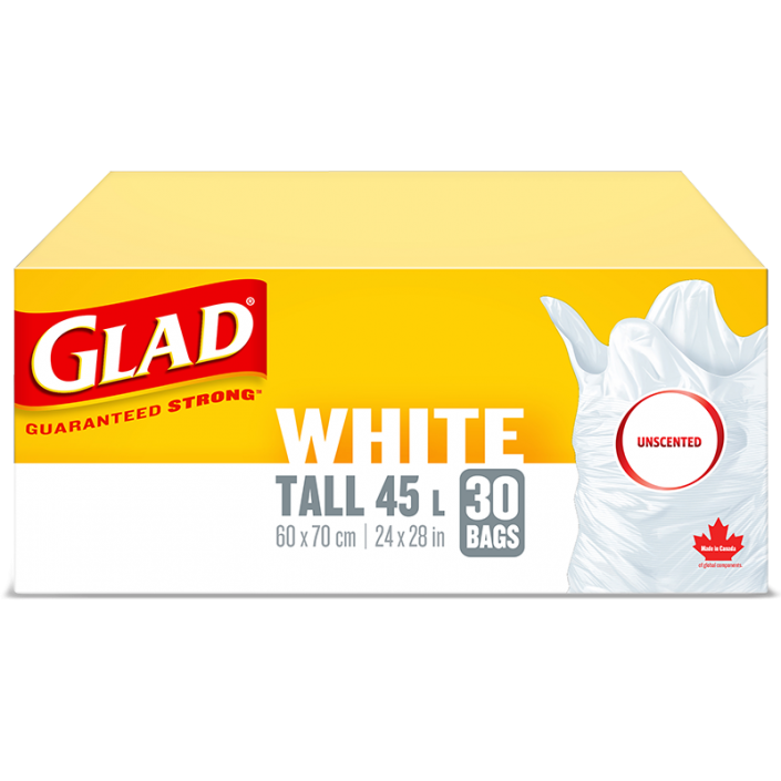 Glad® White Garbage Bags, Tall, 45 Litres, Unscented, 30 trash bags