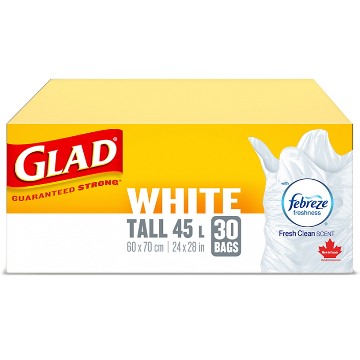Glad® White Garbage Bags, Tall, 45 Litres, Febreze Fresh Clean Scent, 30 trash bags