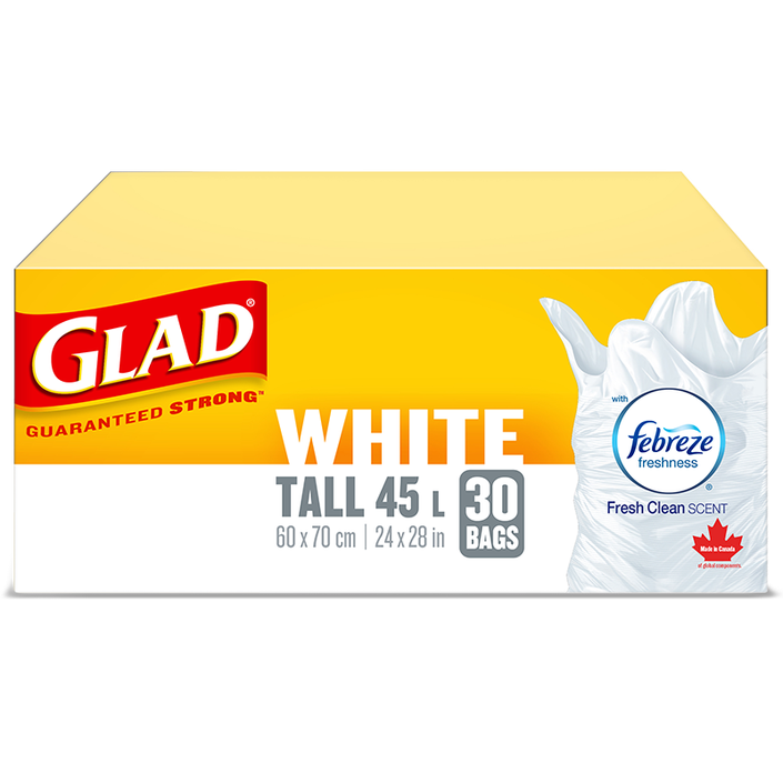 Glad® White Garbage Bags, Tall, 45 Litres, Febreze Fresh Clean Scent, 30 trash bags