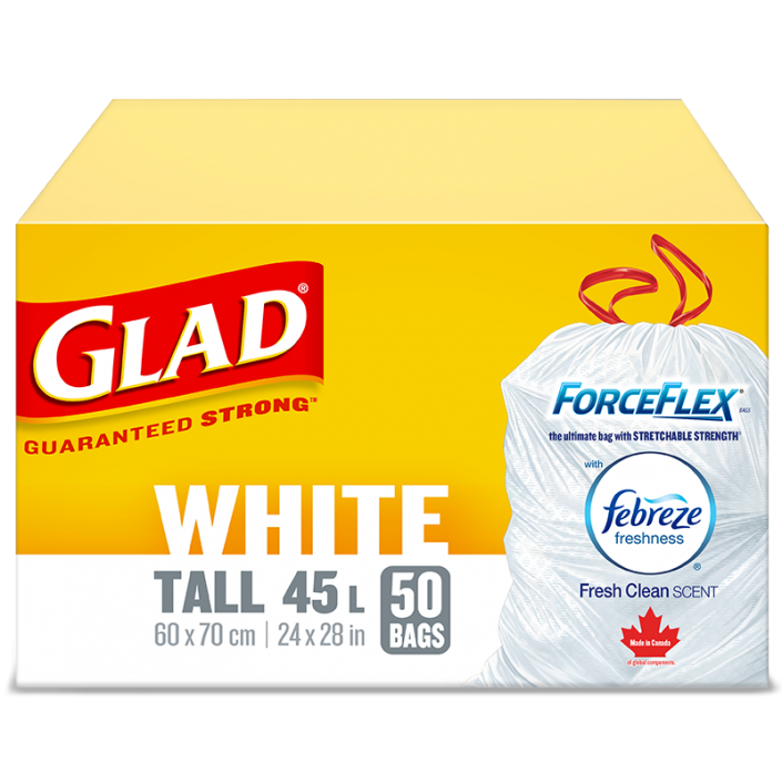 Glad® White Garbage Bags, Tall, 45 Litres, ForceFlex, Drawstring with Febreze Fresh Clean Scent, 50 trash bags