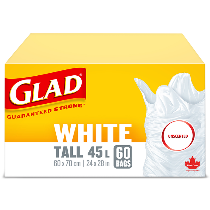 Glad® White Garbage Bags, Tall 45 Litres, Unscented, 60 trash bags