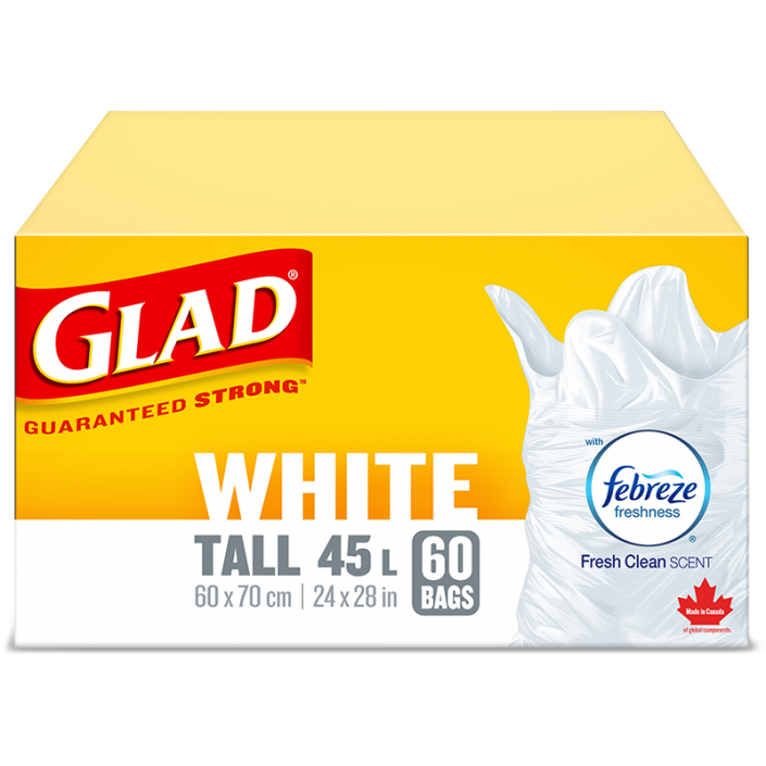 Glad® White Garbage Bags, Tall, 45 Litres, Febreze Fresh Clean Scent, 60 trash bags