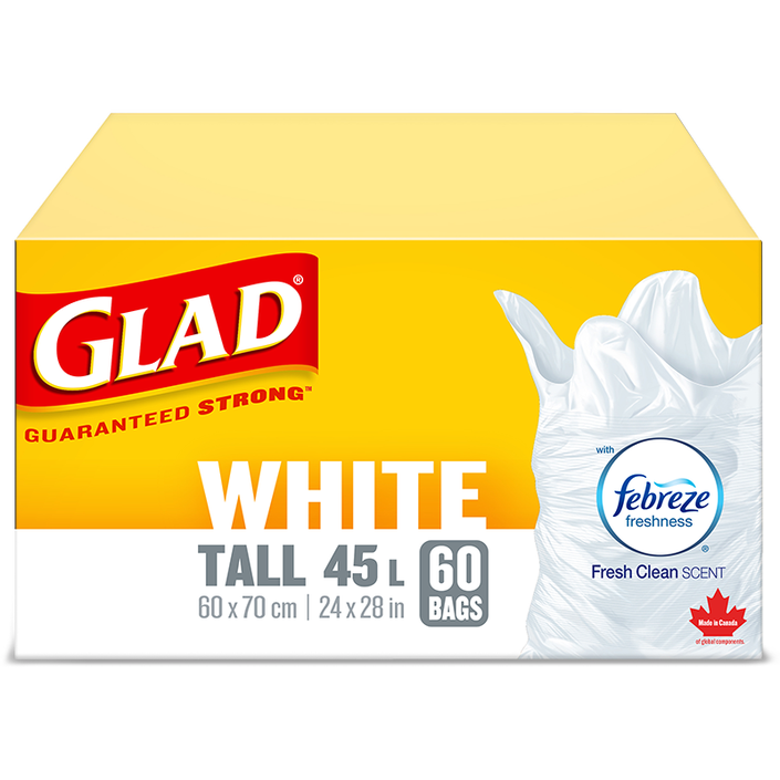 Glad® White Garbage Bags, Tall, 45 Litres, Febreze Fresh Clean Scent, 60 trash bags