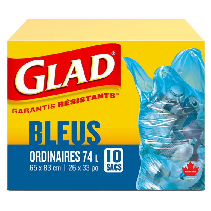 Sacs bleus ordinaires de Glad pour la récupération, boîte de 10 sacs à ordures de 74 L