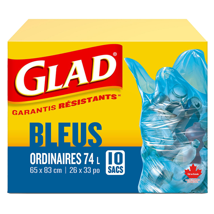 Sacs bleus ordinaires de Glad pour la récupération, boîte de 10 sacs à ordures de 74 L