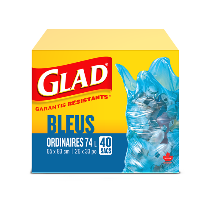 Sacs bleus ordinaires de Glad pour la récupération, boîte de 40 sacs à ordures de 74 L