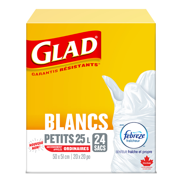 Petits sacs à ordures blancs de Glad avec senteur fraîche et propre de Febreze fraîcheur, boîte de 24 sacs à ordures de 25 L