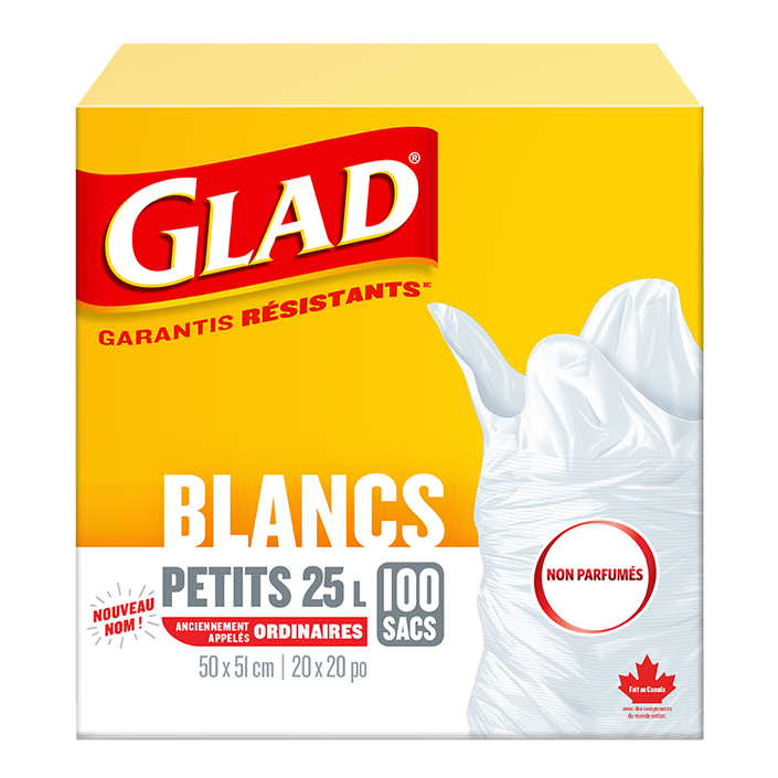 Petits sacs à ordures blancs non parfumés de Glad, boîte de 100 sacs à ordures de 25 L