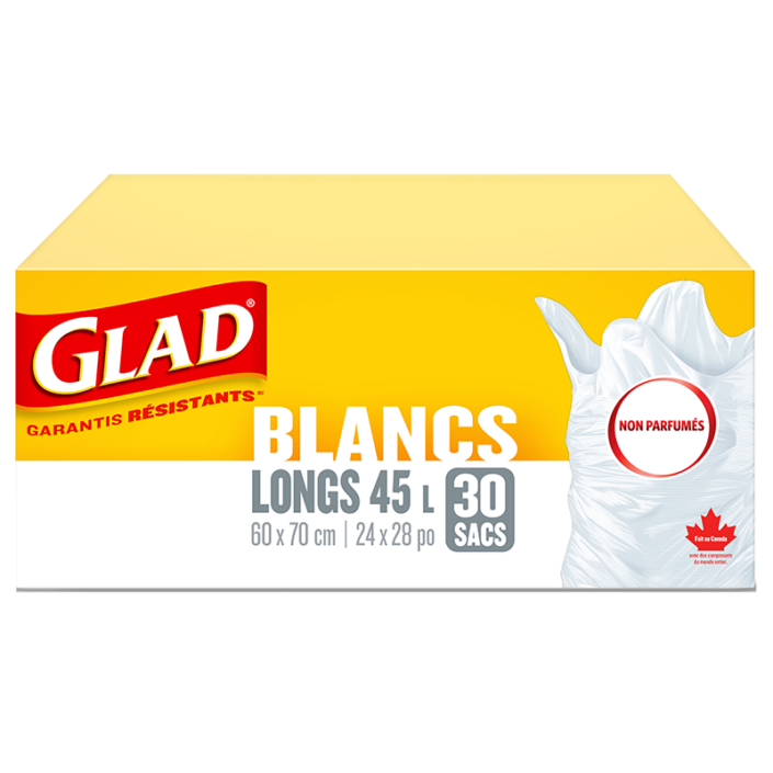 Sacs à ordures blancs longs de Glad avec senteur fraîche et propre de Febreze fraîcheur, boîte de 30 sacs à ordures de 45 L
