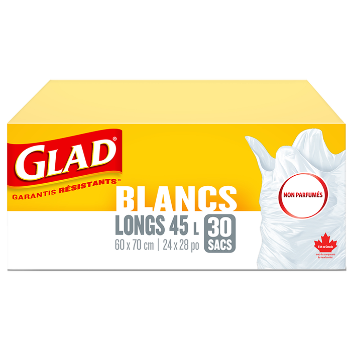 Sacs à ordures blancs longs non parfumés de Glad, boîte de 30 sacs à ordures de 45 L
