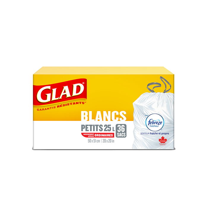 Petits sacs à ordures blancs de Glad® à cordon coulissant avec senteur fraîche et propre de Febreze fraîcheur, boîte de 36 sacs à ordures de 25 L