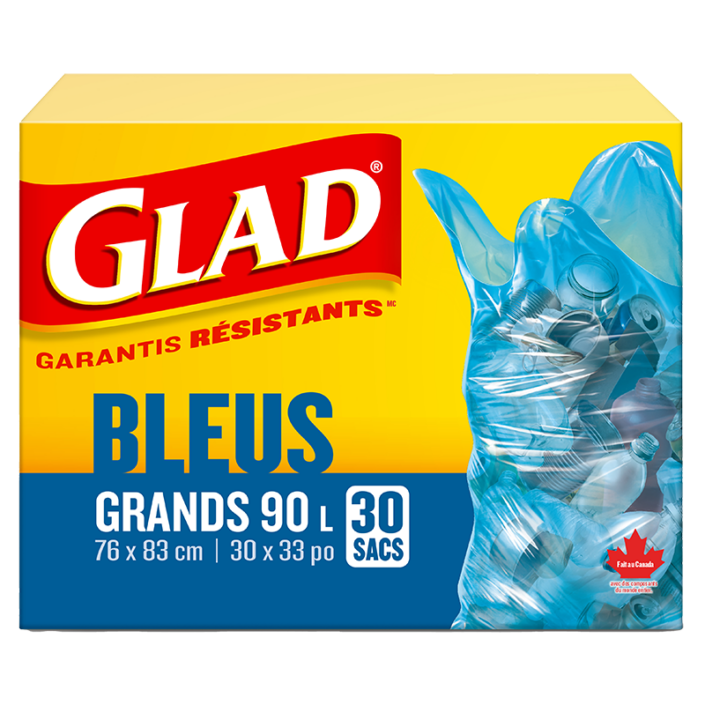 Grands sacs bleus de Glad pour la récupération, boîte de 30 sacs à ordures de 90 L