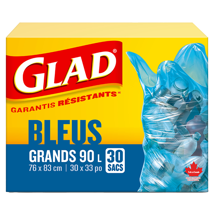 Grands sacs bleus de Glad pour la récupération, boîte de 30 sacs à ordures de 90 L