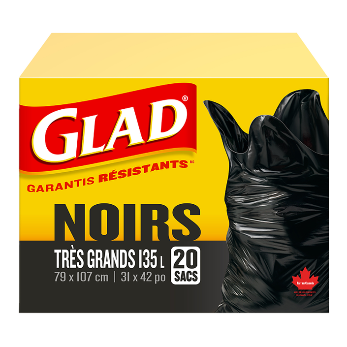 Très grands sacs à ordures noirs de Glad, boîte de 20 sacs à ordures de 135 L