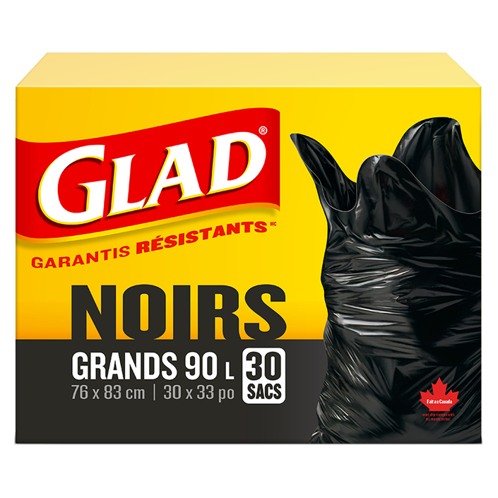 Grands sacs à ordures noirs de Glad, boîte de 30 sacs à ordures de 90 L