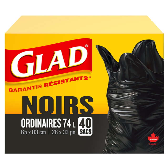 Sacs à ordures noirs ordinaires de Glad, boîte de 40 sacs à ordures de 74 L