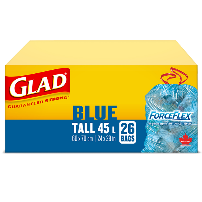Glad® Blue Recycling Bags, Tall 45 Litres, ForceFlex, Drawstring, 26 Trash Bags