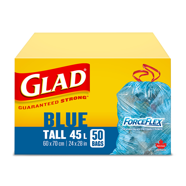 Glad® Blue Recycling Bags, Tall 45 Litres, ForceFlex, Drawstring, 50 Trash Bags