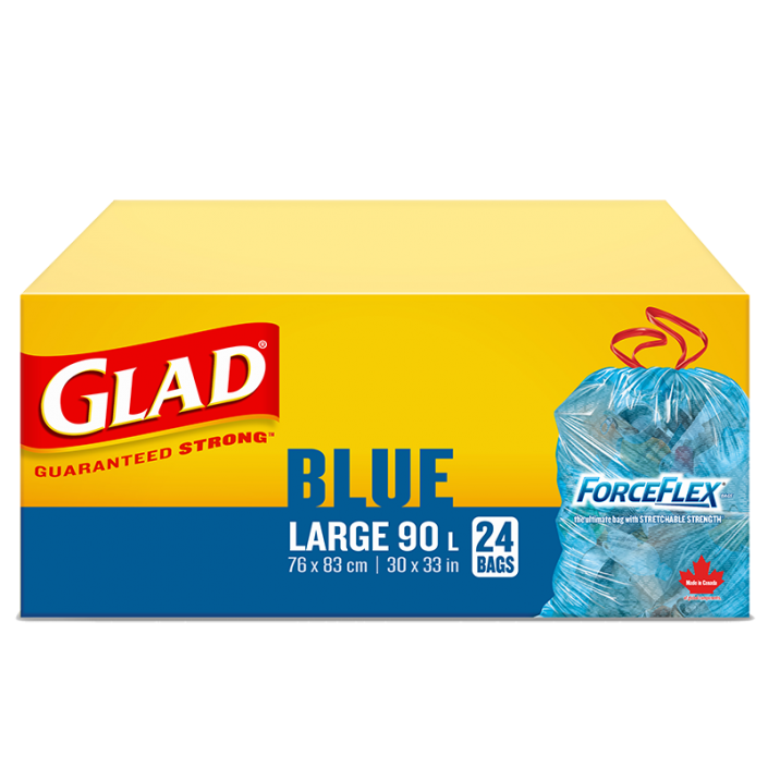 Glad® Blue Recycling Bags, Large 90 Litres, ForceFlex, Drawstring, 24 Trash Bags