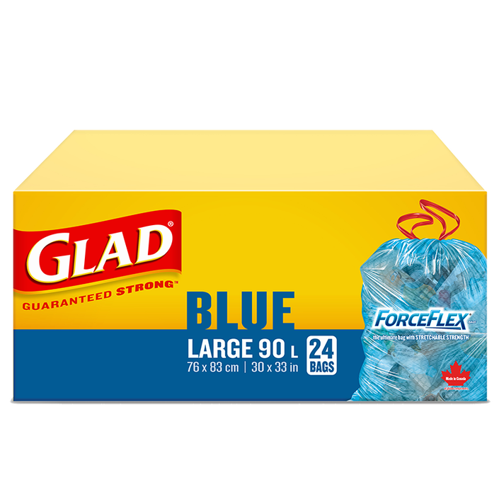 Glad® Blue Recycling Bags, Large 90 Litres, ForceFlex, Drawstring, 24 Trash Bags