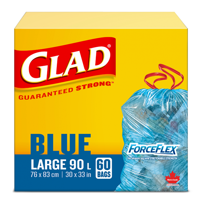 Glad® Blue Recycling Bags, Large 90 Litres, ForceFlex, Drawstring, 60 Trash Bags