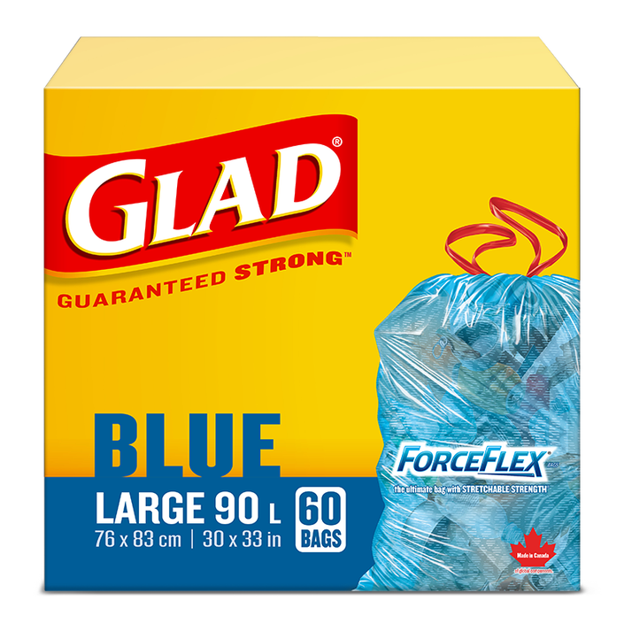 Glad® Blue Recycling Bags, Large 90 Litres, ForceFlex, Drawstring, 60 Trash Bags