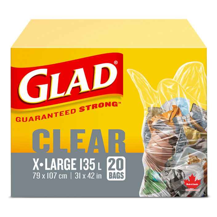 Glad® Clear Garbage Bags, Extra-Large 135 Litres, 20 Trash Bags