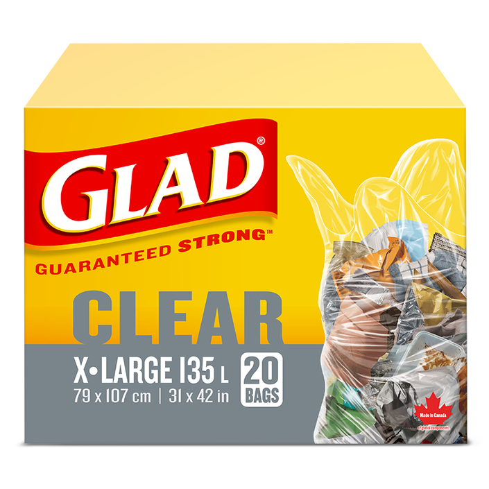 Glad® Clear Garbage Bags, Extra-Large 135 Litres, 20 Trash Bags