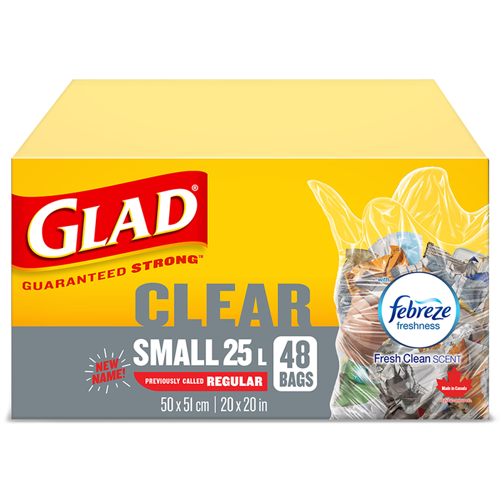 Glad® Clear Garbage Bags, Small 25 Litres, Febreze Fresh Clean Scent, 48 Trash Bags