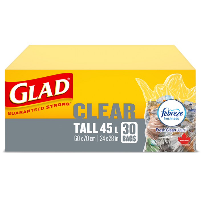 Glad® Clear Garbage Bags, Tall 45 Litres, Febreze Fresh Clean Scent, 30 Trash Bags