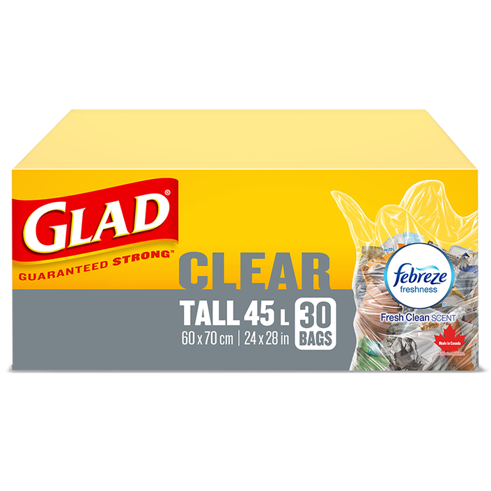 Glad® Clear Garbage Bags, Tall 45 Litres, Febreze Fresh Clean Scent, 30 Trash Bags