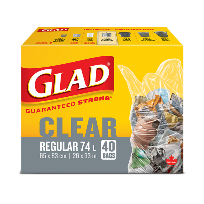 Glad® Clear Garbage Bags, Regular 74 Litres, 40 Trash Bags