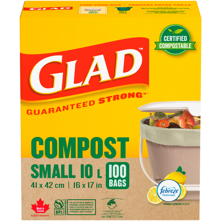 Glad® Certified Compostable Bags, Small 10 Litres, Lemon Scent, 100 Compost Bags