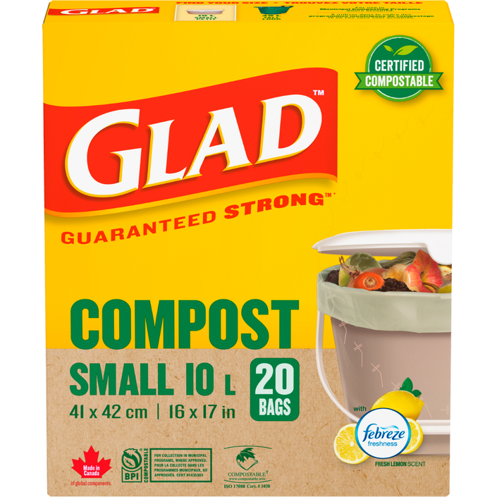 Glad® Certified Compostable Bags – Small 10 Litres, Lemon Scent, 20 Compost Bags