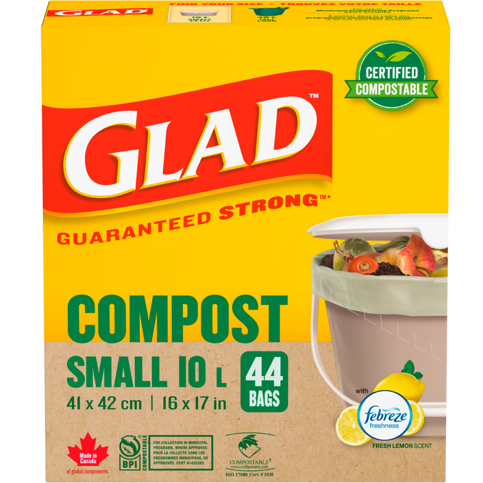 Glad® Certified Compostable Bags, Small 10 Litres, Lemon Scent, 44 Compost Bags