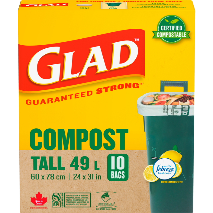 Glad® Certified Compostable Bags, Tall 49 Litres, Lemon Scent, 10 Compost Bags
