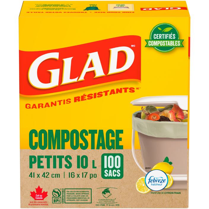 Petits sacs certifiés compostables au parfum de citron frais de Glad®, boîte de 100 petits sacs de 10 L