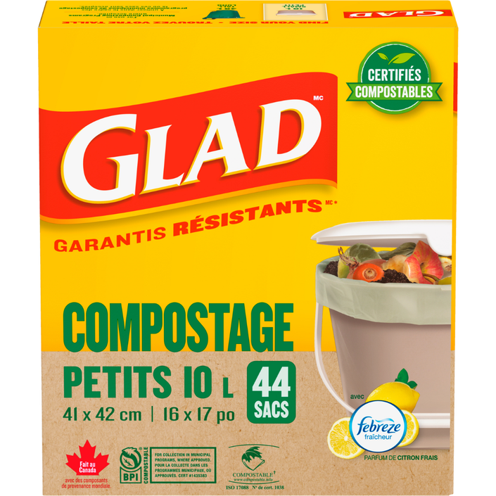 Petits sacs certifiés compostables au parfum de citron frais de Glad®, boîte de 44 petits sacs de 10 L